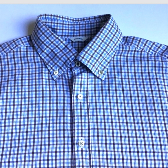 Stenstroms fitted body blue &. Brown checkered cotton dress shirt Sz M - Picture 5 of 11